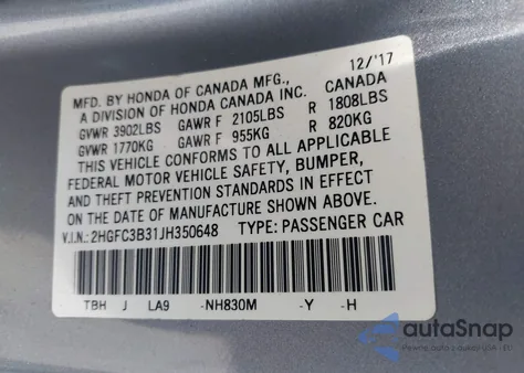 2018 Honda Civic Ex from USA, damaged, VIN 2HGFC3B31JH350648